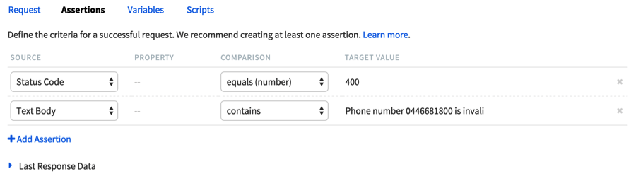 Basic assertions can be done in the interface. In this case, we want to ensure that a 400 is returned, and check that the correct error message is sent back to the caller.