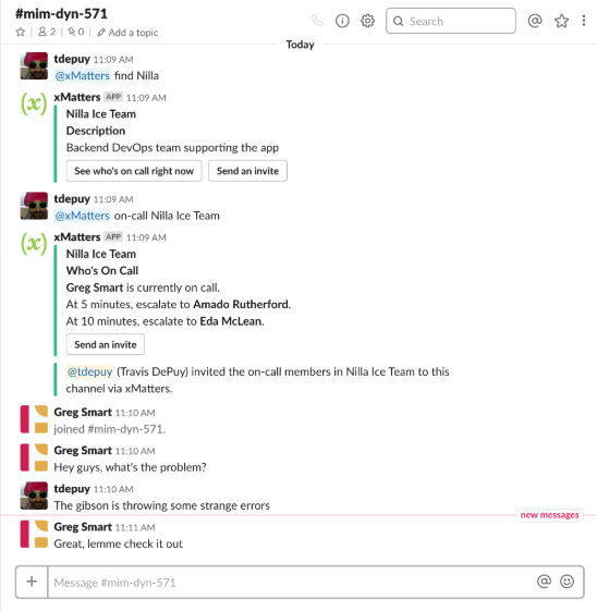 xMatters creates a dedicated Slack channel wherein users leverage the Slackbot to find and invite the right team to join. (Fun fact: This entire Slack transcript will be auto-appended to the related Jira issue without any manual work!)