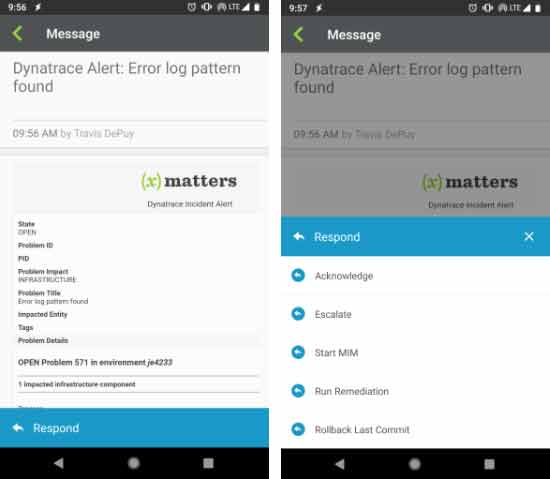 xMatters passes Dynatrace data into alerts with actionable responses.