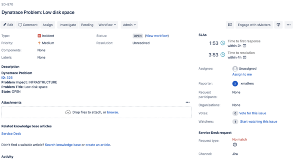 xMatters creates and updates Jira issues with incident information from Dynatrace.