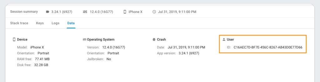The Firebase crash report includes the user IOD.