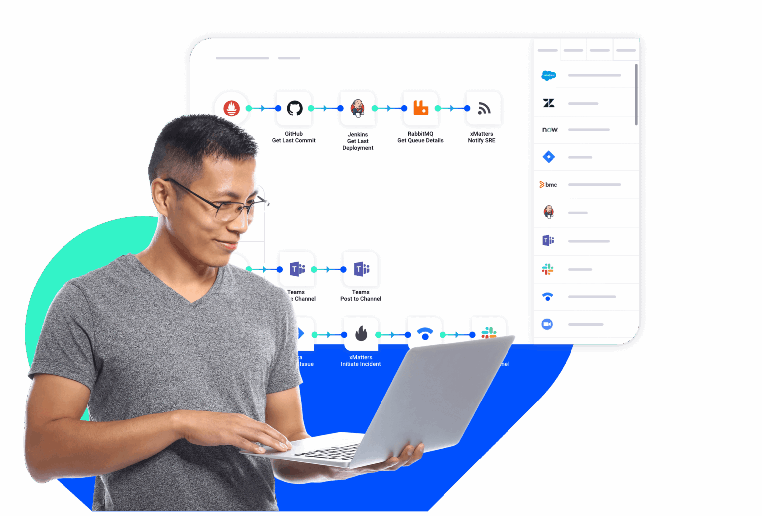 A happy man looks at an xMatters toolchain on his laptop