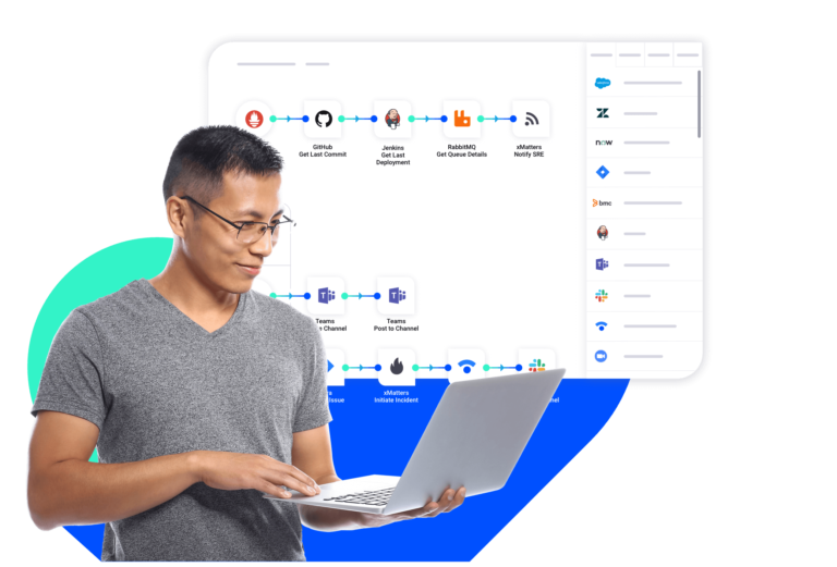 A happy man looks at an xMatters toolchain on his laptop