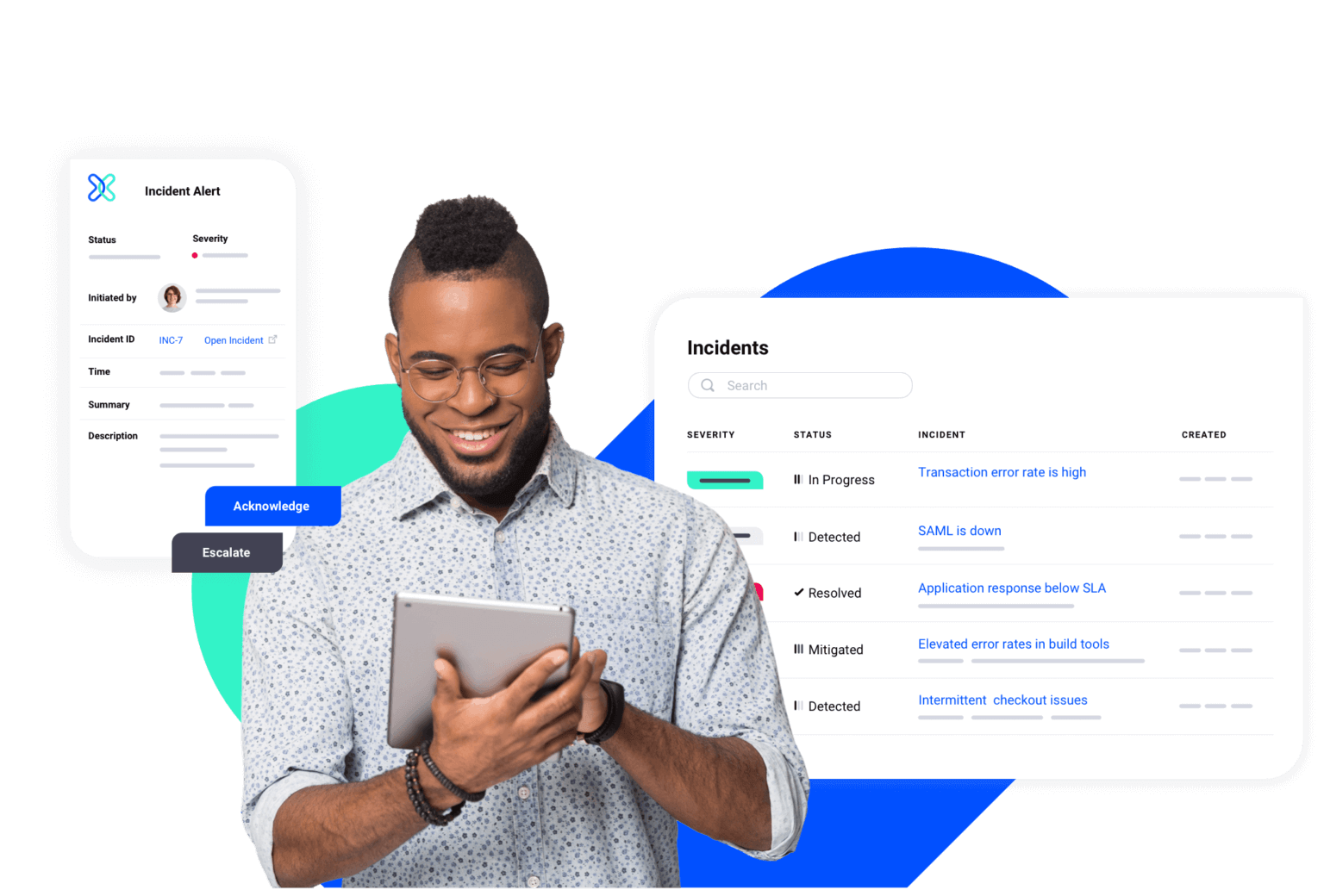 A smiling man looks at xMatters incident reports on his tablet