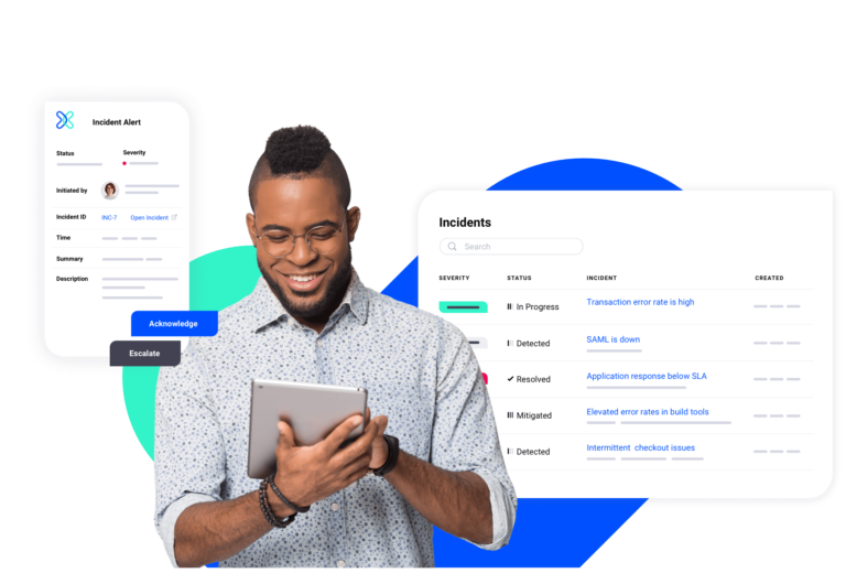 A smiling man looks at xMatters incident reports on his tablet